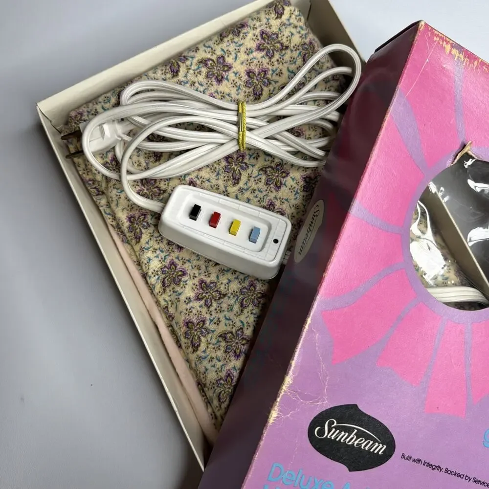 Vintage Rare 1972 Sunbeam Heating Pad Purple Floral Original Box & Manual Tested - Picture 2 of 16